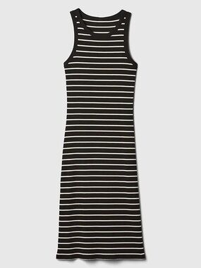 GAP Striped Ribbed Midi Tank Dress L Black White Stretch Coastal Minimalist